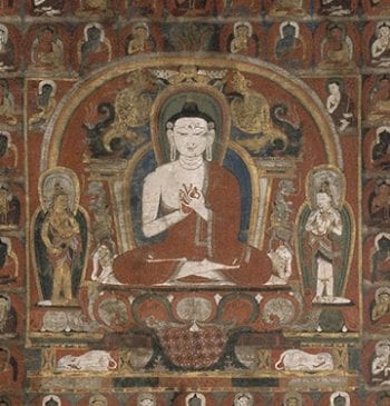 Detail of Vairocana Buddha thangka painted with mineral pigments on cloth