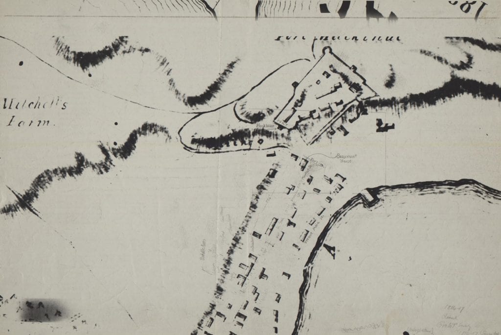 Annotated photostat enlargement of portion of the Map of the Island of Michilimackinac