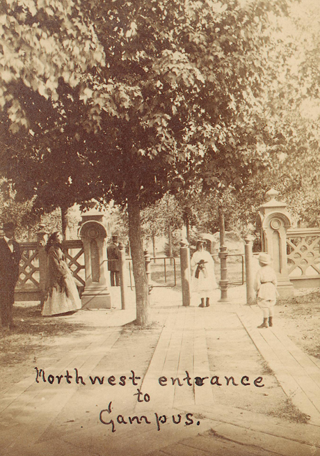 Historical photo of the northwest entrance to campus