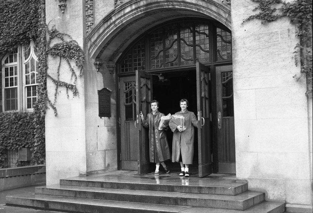 A photo of two women exiting the Union.